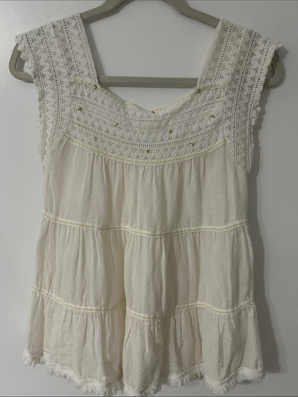 Free People Cream Crochet Yoke Tribal Tiered Bohemian Tank Top Size Small - Picture 1 of 15